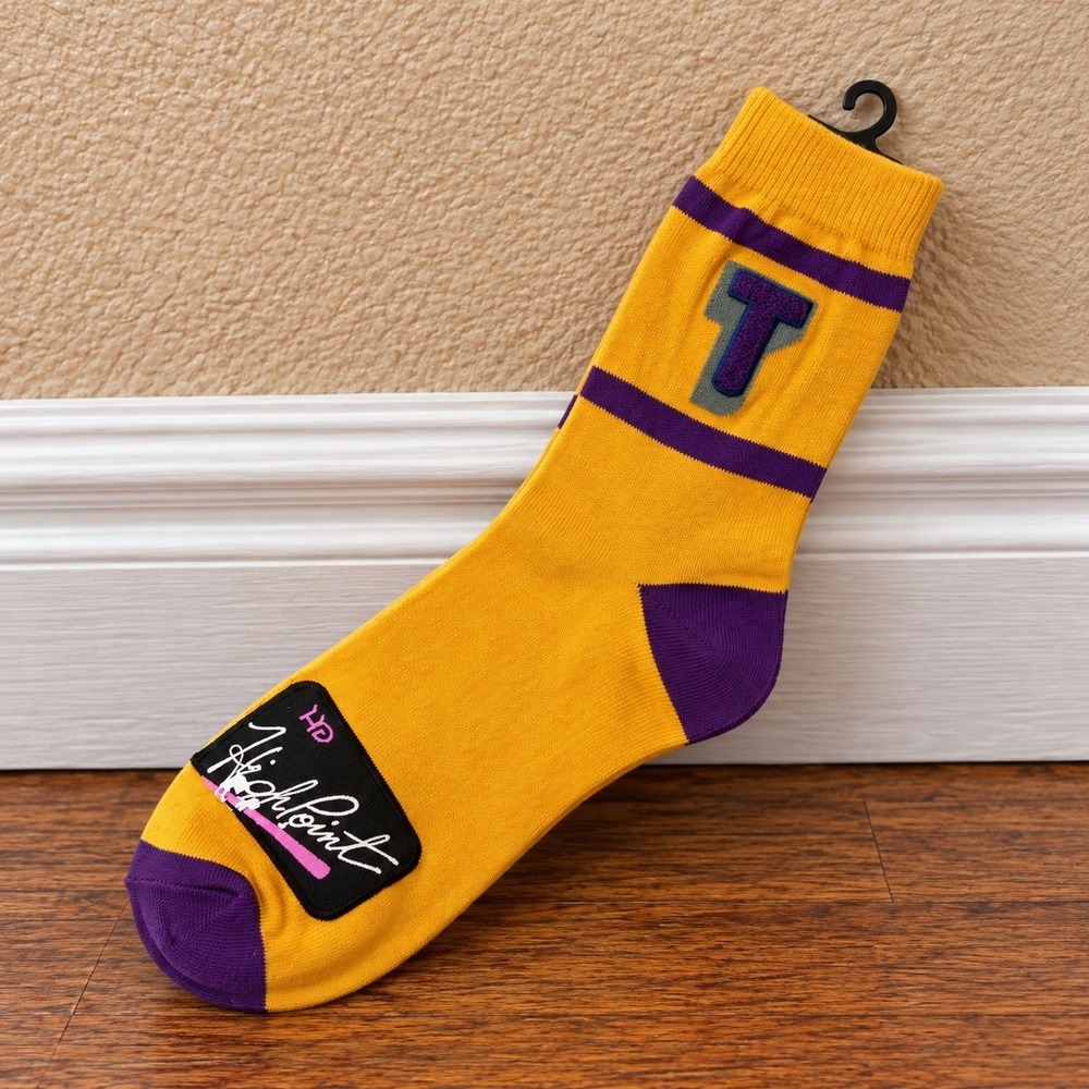 Vintage 80s High Point Crew Socks Yellow Purple Letter T NWT Retro Novelty